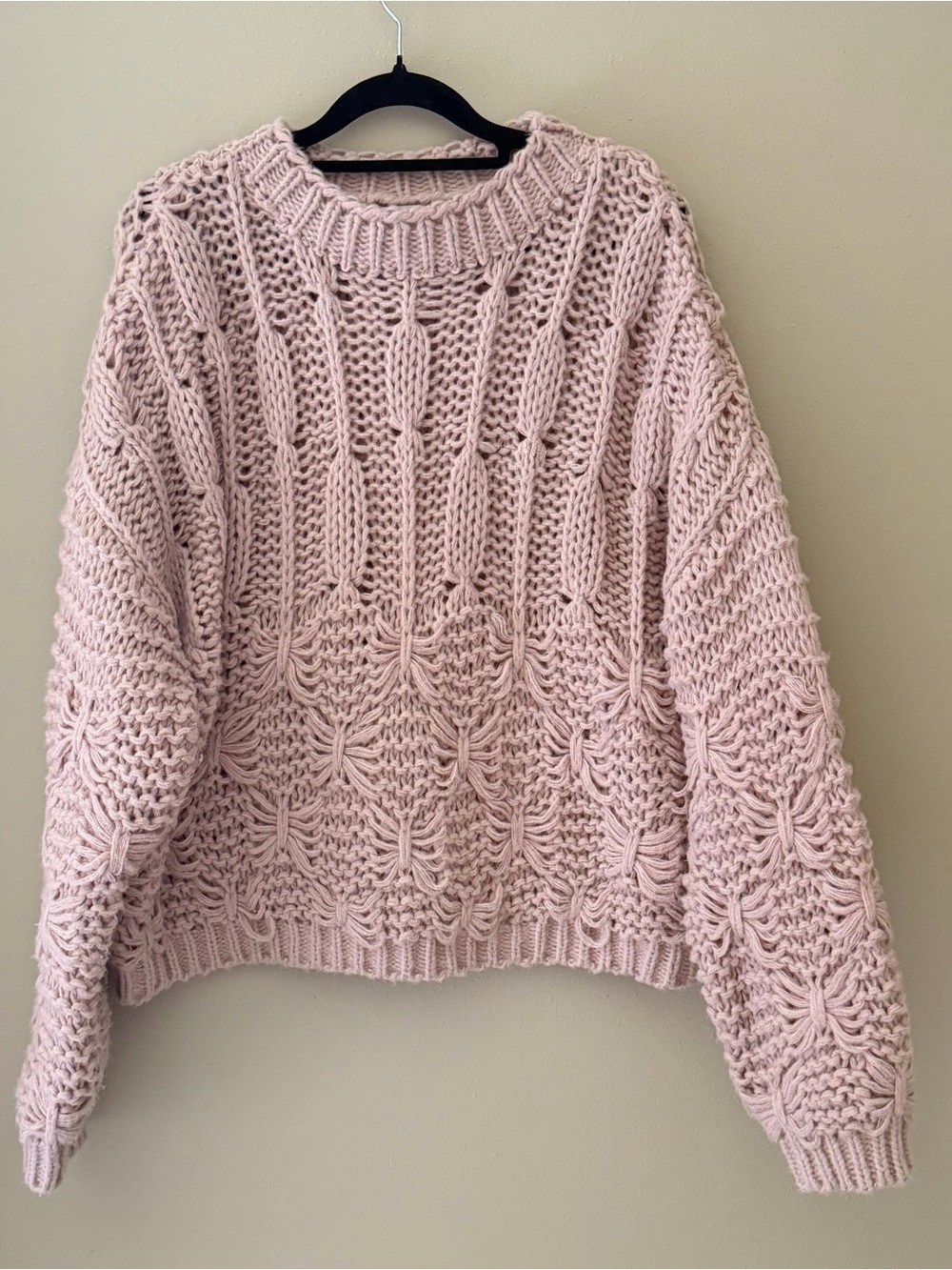 Pink Butterfly Bow Open Chunky Knit Crochet Crewneck Sweater HYFVE Womens L